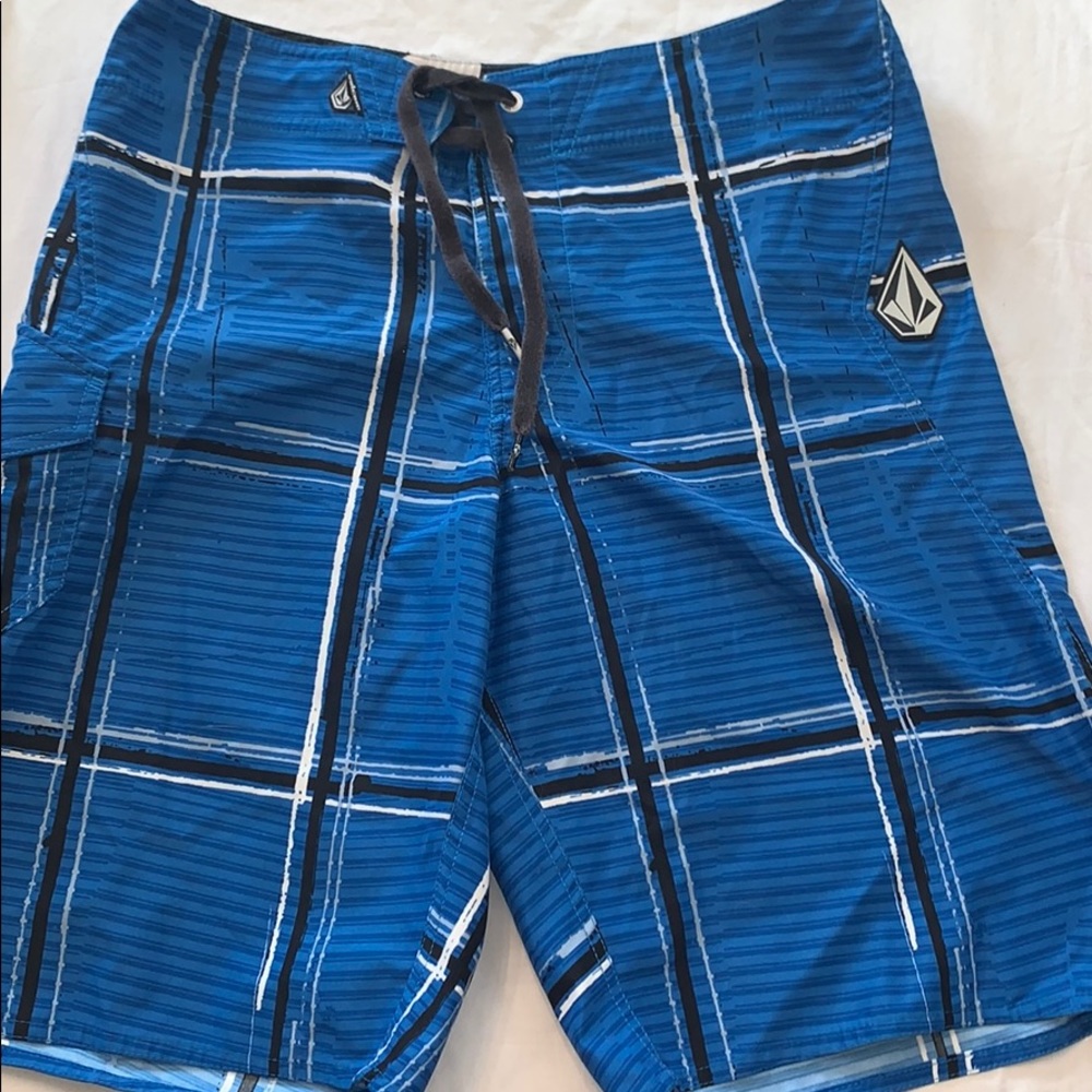 Blue Black and White Plaid Volcom Swim Trunks